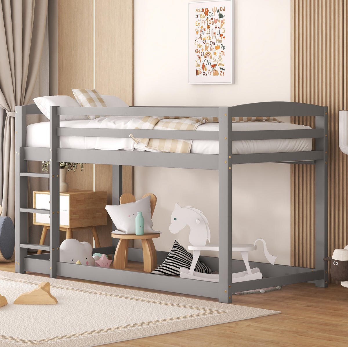 ETAGENBETT 90/200 cm Grau aus massiver Kiefer mit stabilem Geländer - Grau, Holz (90/200cm) - OKWISH