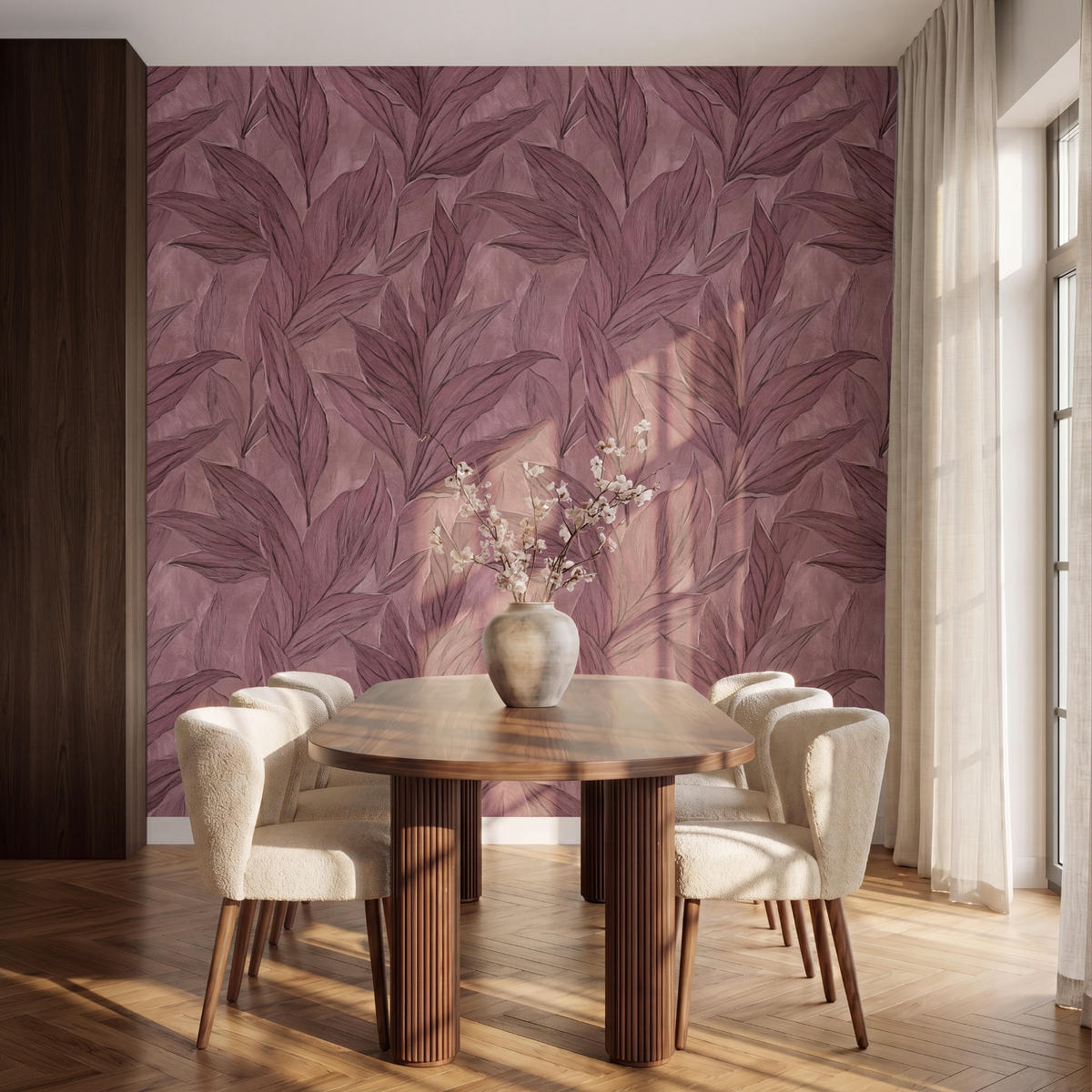 TAPETE - Blätter - Muster - Lila - 240x240 cm - Altrosa, Papier (240/240cm) - OnlyWow