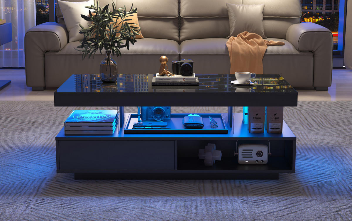COUCHTISCH Schwarz Hochglanz mit 4 Glaseinsätzen, 2 Schubladen & LED per App, 95/50/42,5 cm,Schwarz - Schwarz, Holzwerkstoff (50/95/42.5cm) - Redom