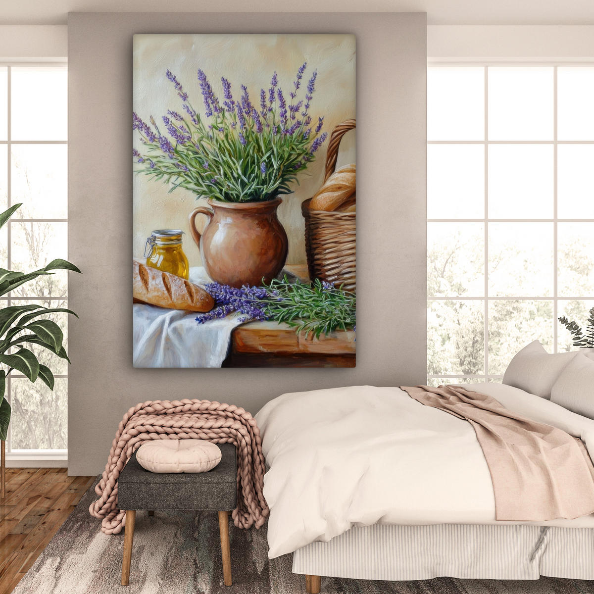 LEINWANDBILD Lavendel - Brot - Stilleben 90x140 cm - Flieder, Textil (90/140cm) - MuchoWow