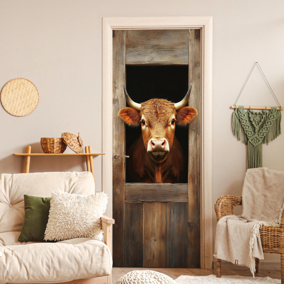 FOTOTAPETE Tür - Kuh - Fenster - Holz - Tiere 95x235 cm - Wengefarben, Kunststoff (95/0.1cm) - MuchoWow