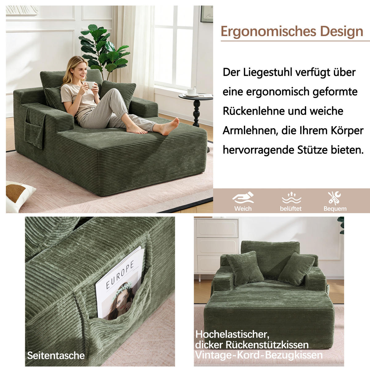 SCHLAFSOFA aus Cord mit Seitentaschen und weichen Sitz- und Rückenkissen - Grün, Textil (110/150/70cm) - EVRYAE