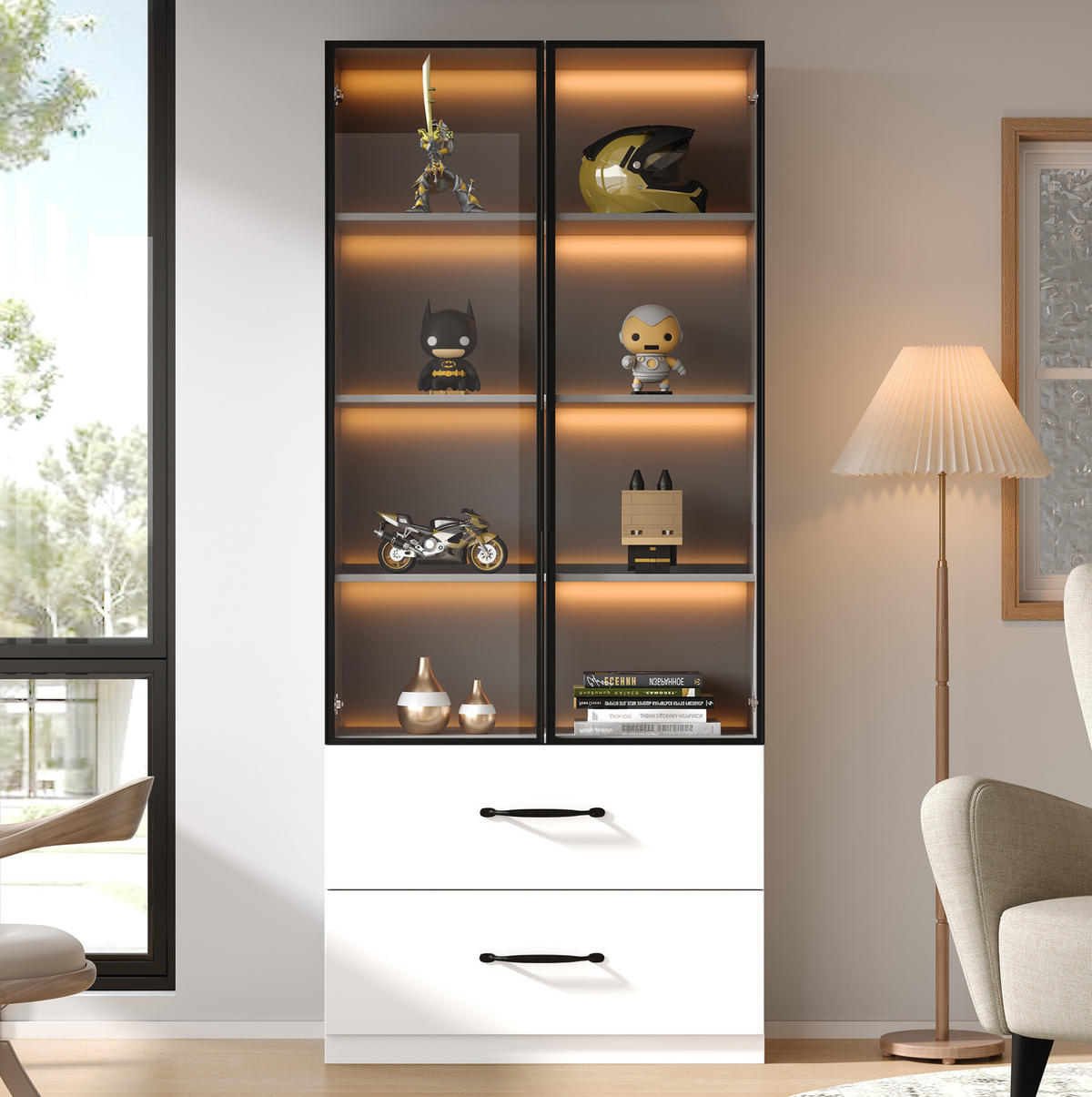 VITRINE aus Spanplatte 60x40x160cm in Weiß mit LED & Schubladen - Weiß, Holzwerkstoff (60/160/40cm) - Modfu