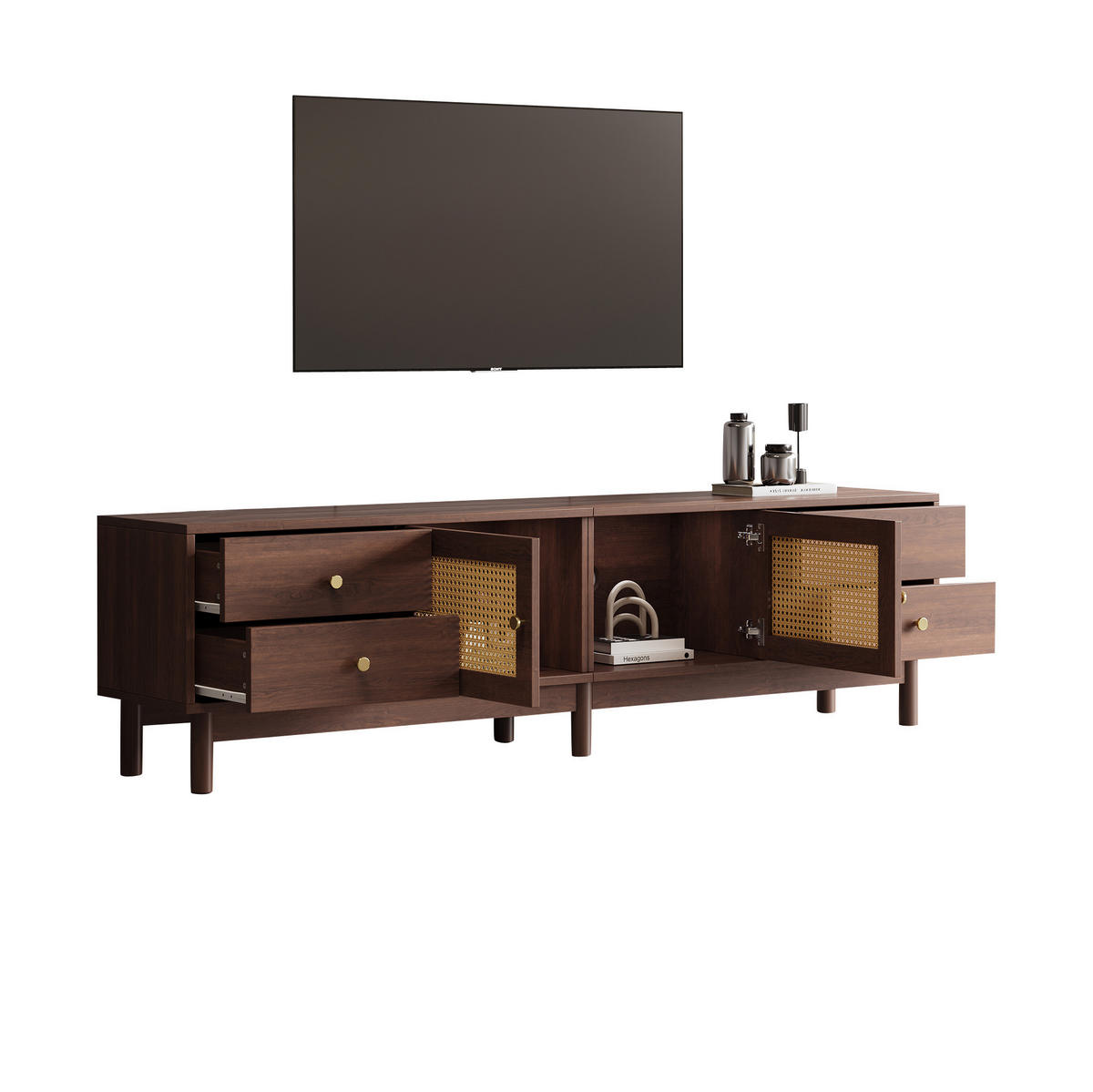 TV-SCHRANK 180/35/44 cm braun Spanplatte mit Rattantüren und 4 Schubladen - Rotbraun, Holzwerkstoff (180/44/35cm) - OKWISH