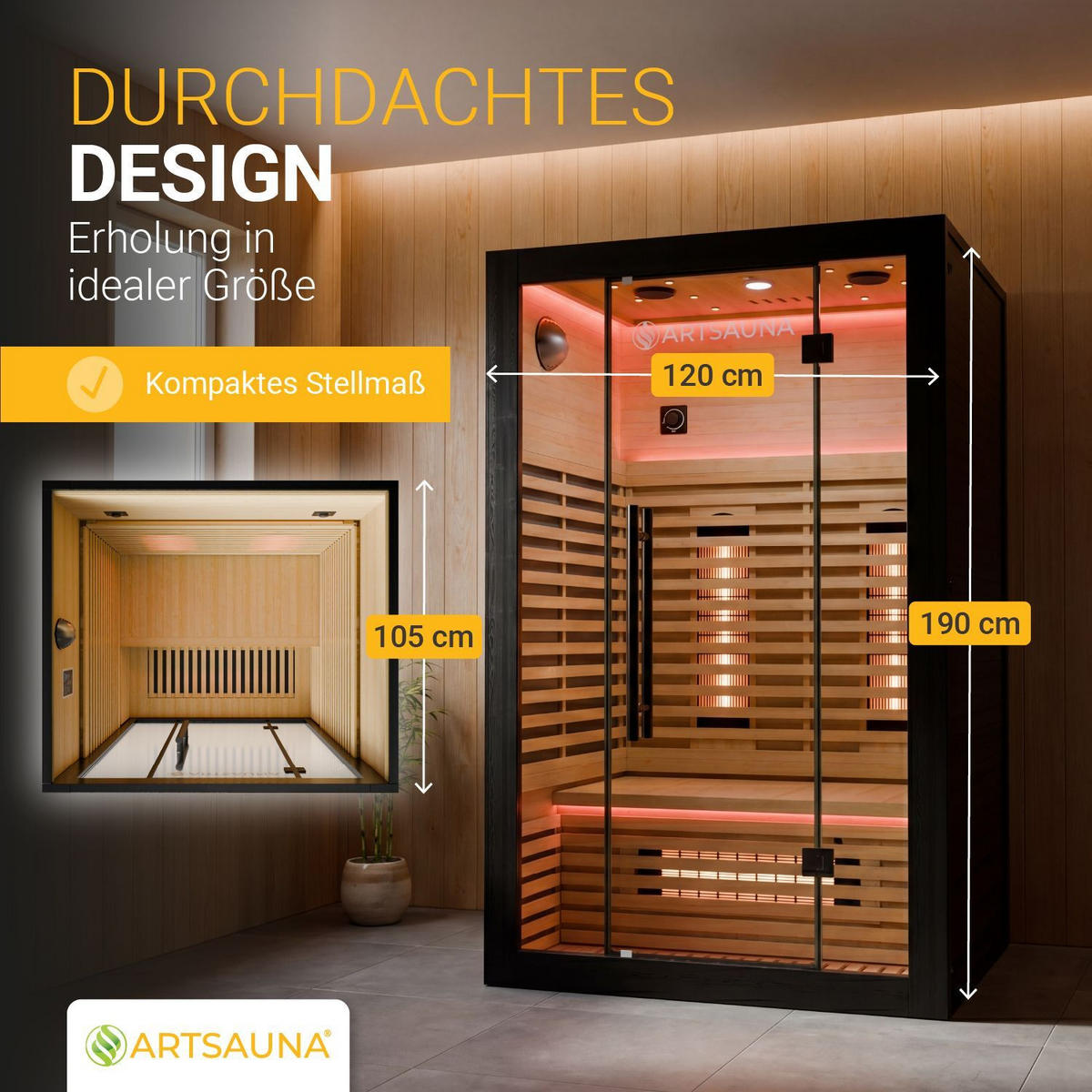 INFRAROTKABINE Trondheim120 Schwarz mit Dual-Technologie & Hemlockholz - Schwarz, Holz (105/190/120cm) - Artsauna