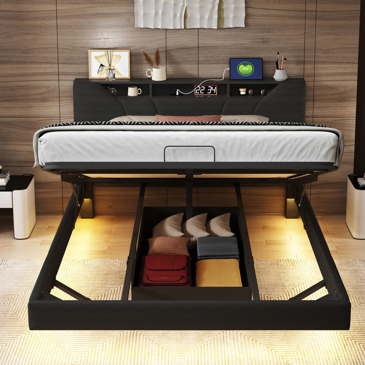 POLSTERBETT 160x200 cm LED USB schwebend Lattenrost schwarz - Schwarz, Holz (160/200cm) - LEBENLANG