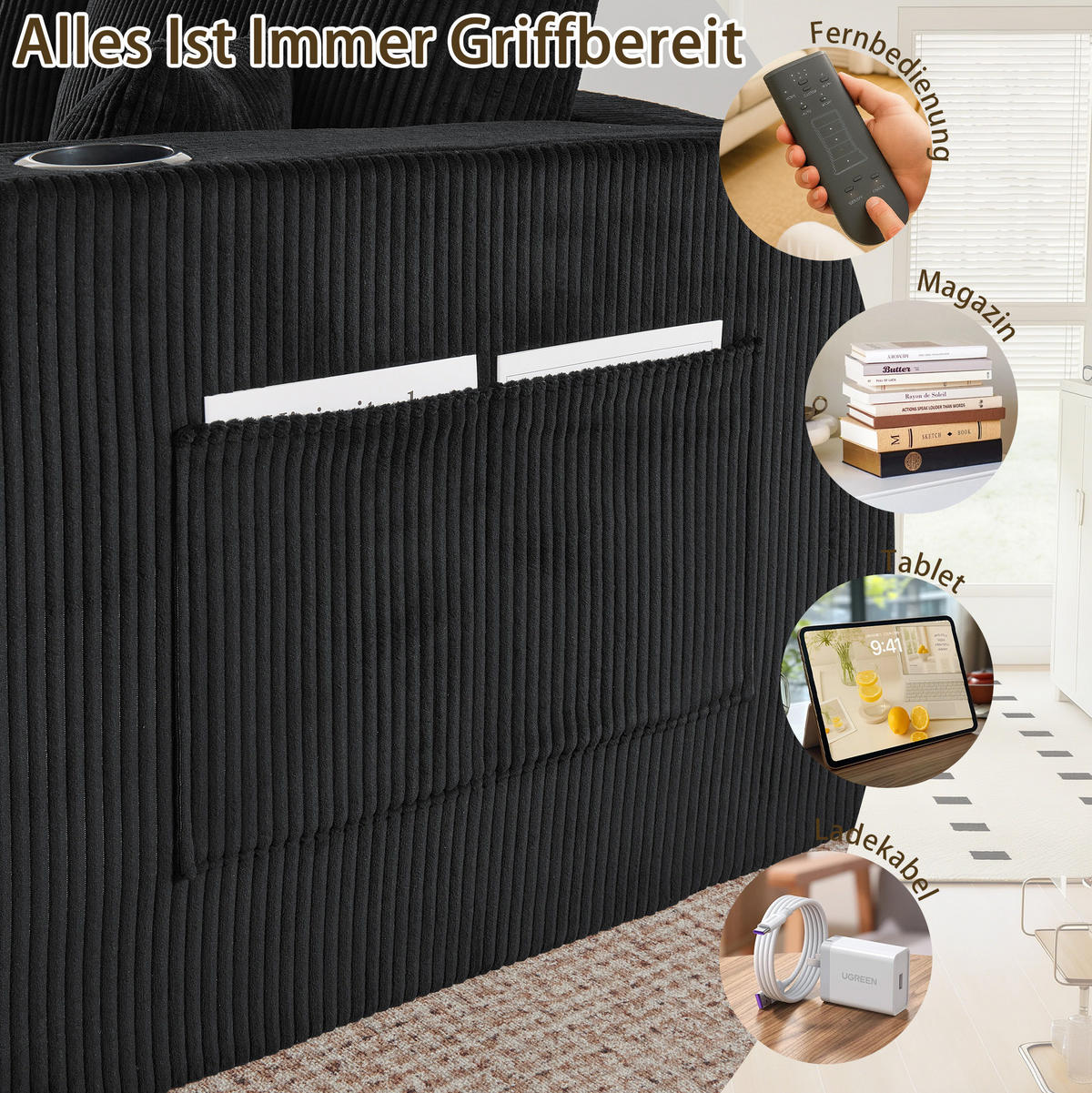 SOFA modular 3-Sitzer Cord Black mit 2 beweglichen Ottomanen - Schwarz, Kunststoff (230/75/138cm) - IVMEU