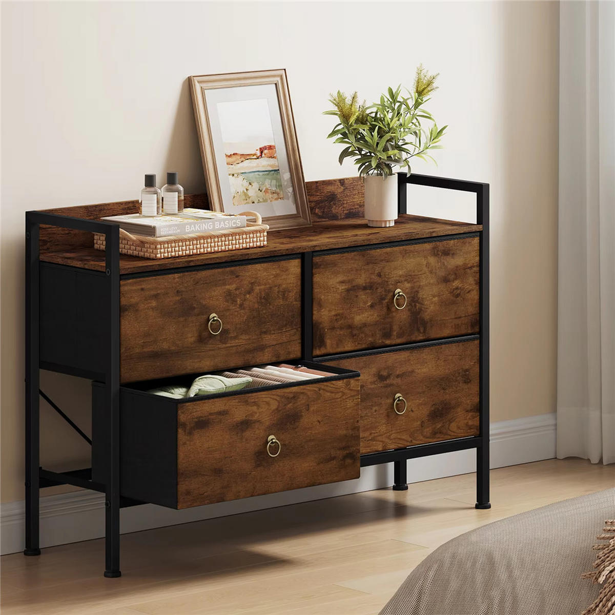 KOMMODE Stoff 4 Schubladen Sideboard 100x69x29 cm - Braun, Metall (100/69/29cm) - Kaket