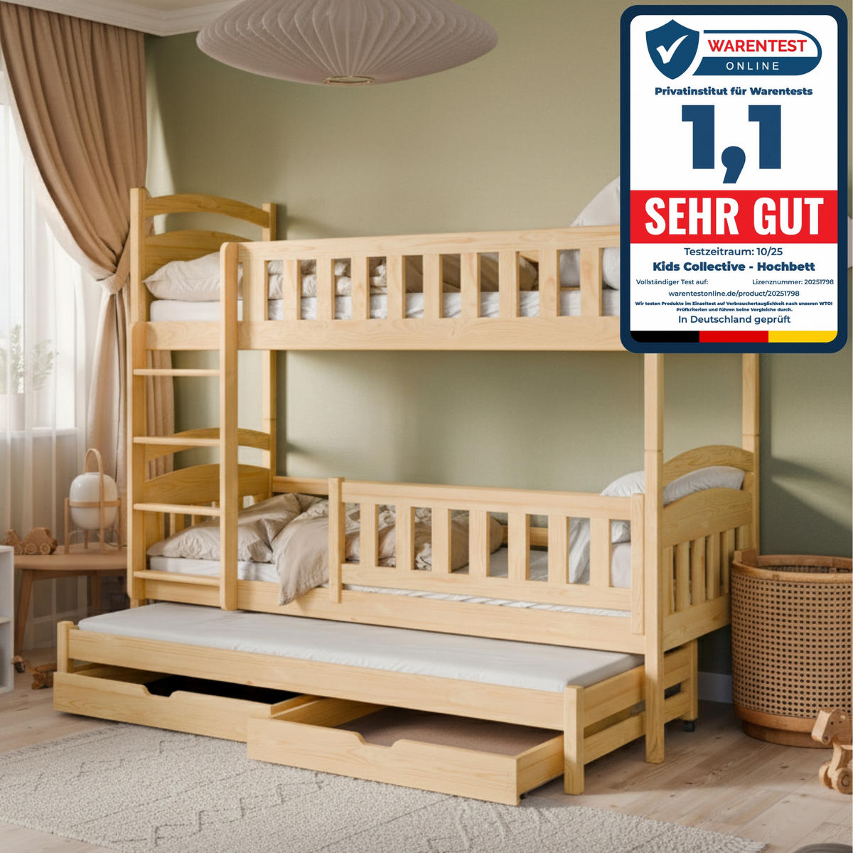 ETAGENBETT 90x200 cm mit Ausziehbett & zwei Schubladen in Natur - Naturfarben, Holz (90/200cm) - Kids Collective