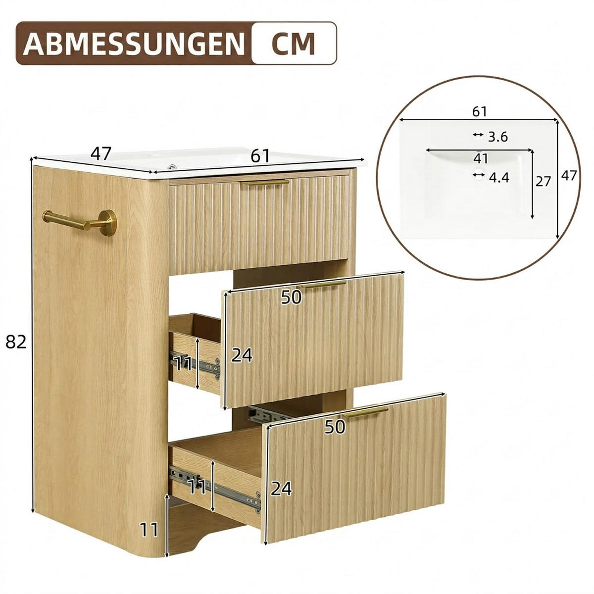 WASCHTISCHKOMBI 61/47/82 cm Naturholz mit 3 Schubladen, ohne Wasserhahn - Goldfarben/Naturfarben, Holz/Holzwerkstoff (47/82/61cm) - Oxeza