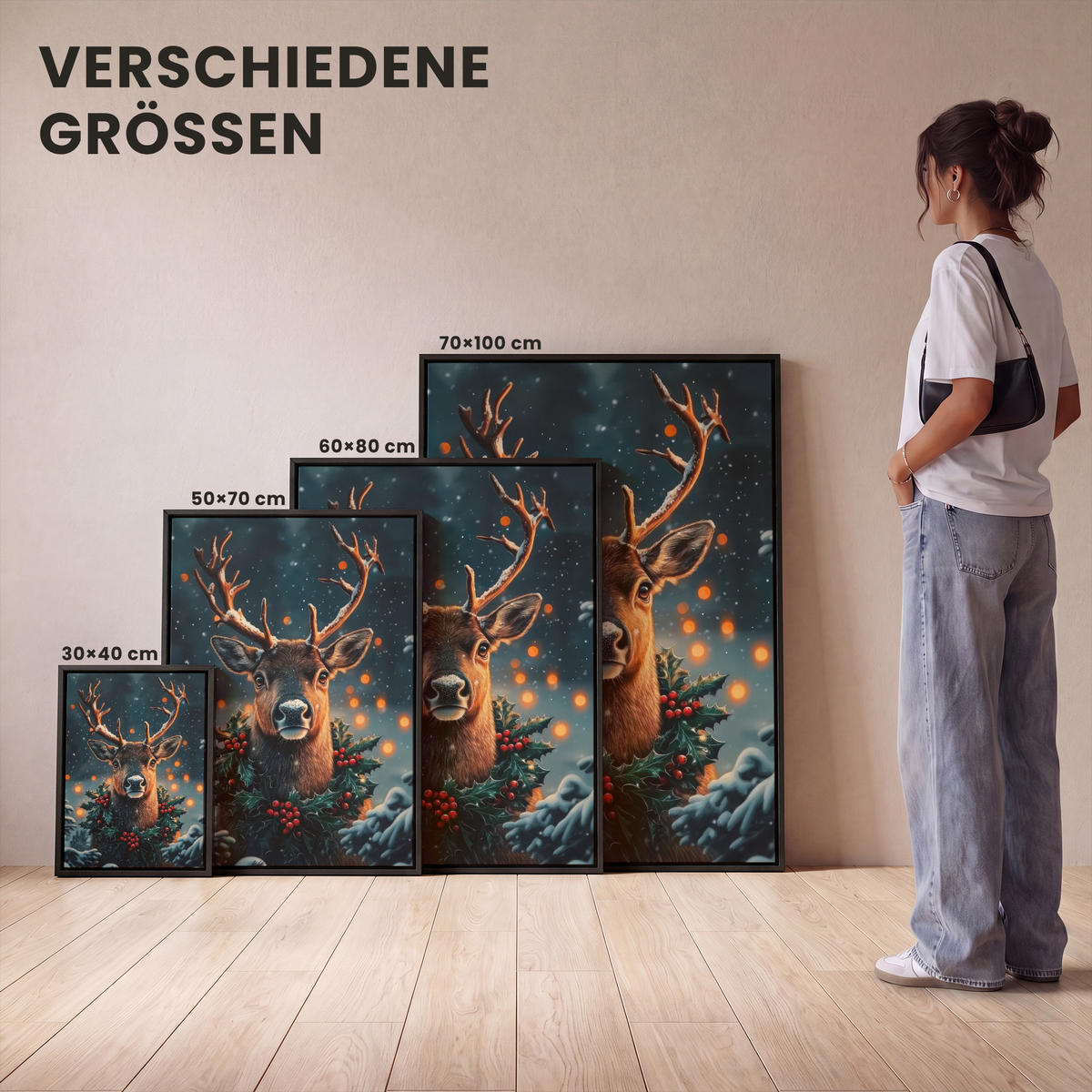 LEINWAND Bilder mit Rahmen - Hirsch - Weihnachten - Winter - Schnee - Weihnachtskranz - 50x70 - Dunkelbraun, Textil (50/70cm) - MuchoWow