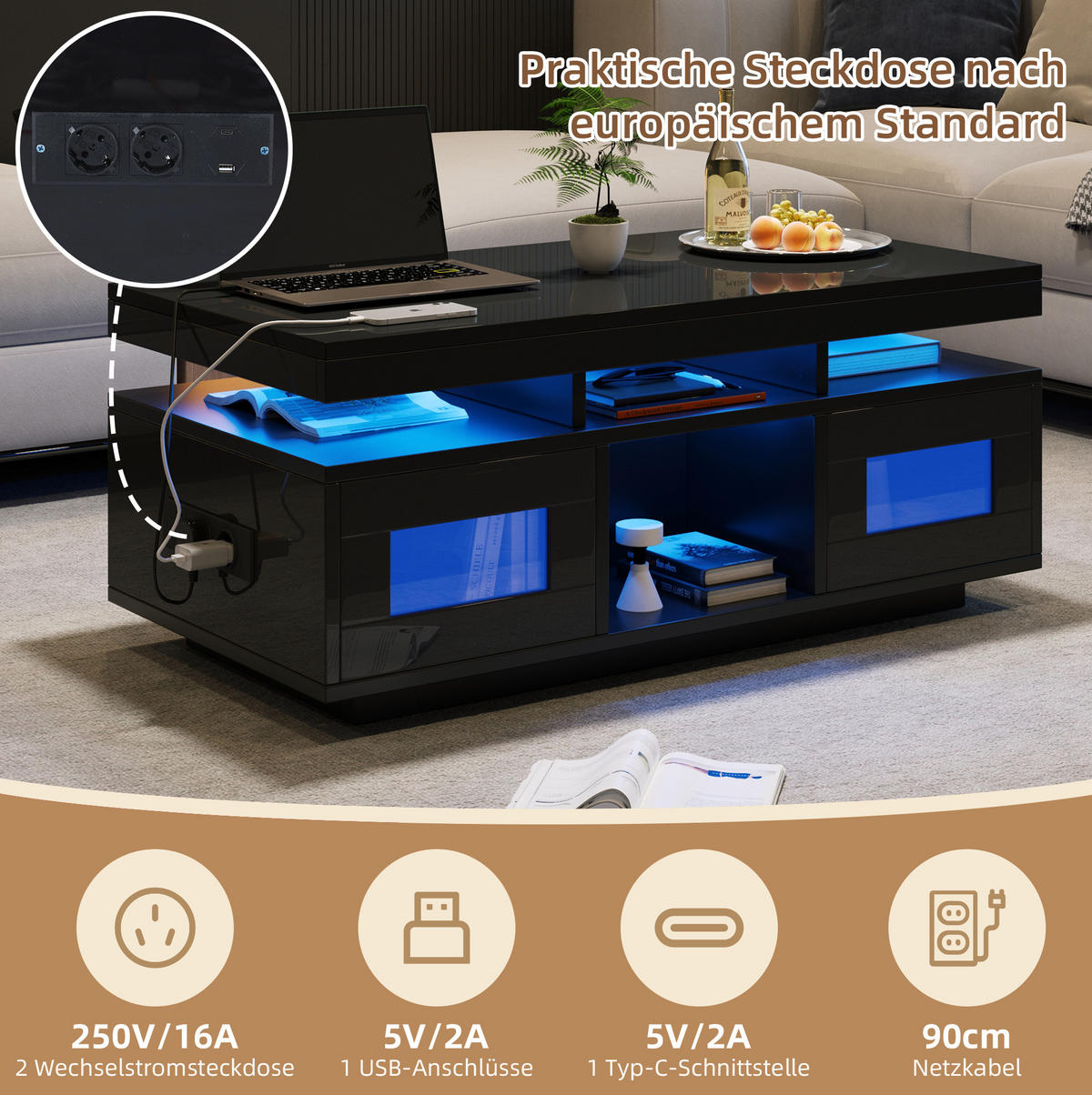 KONFERENČNÍ stolek 100/50/43 cm černý z dřevotřísky s LED osvětlením a zásuvkou - černá, kompozitní dřevo (100/50/43cm) - OKWISH