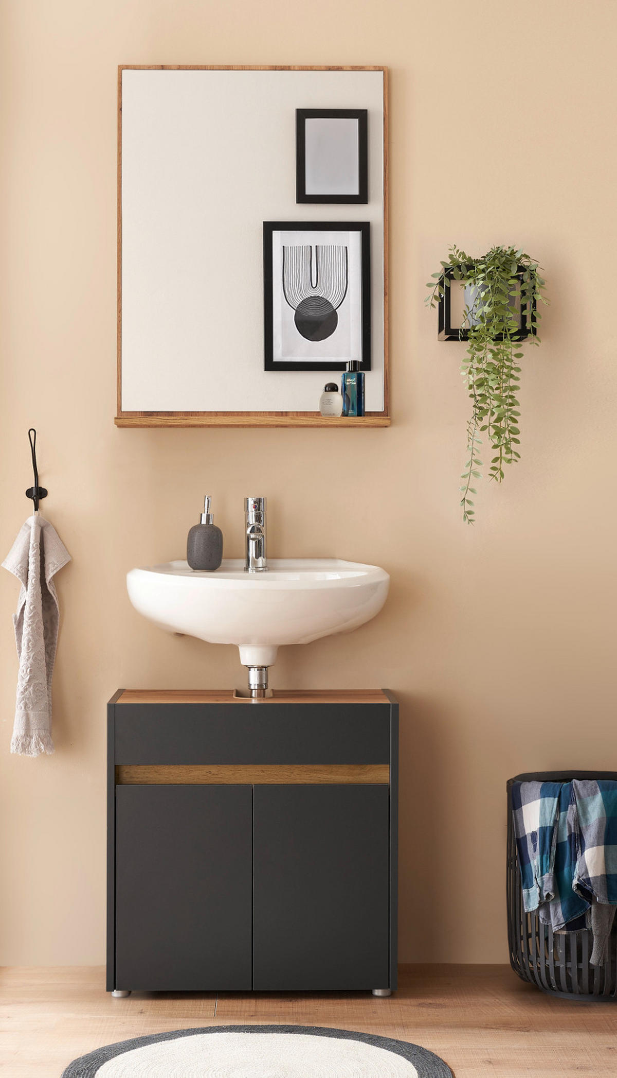 BADMÖBEL-SET 2-teilig grau matt, Wotan Eiche, Badkombination 60 cm - Eiche Wotan/Schwarz, Glas/Holzwerkstoff (61/200/34cm) - Furn.Design