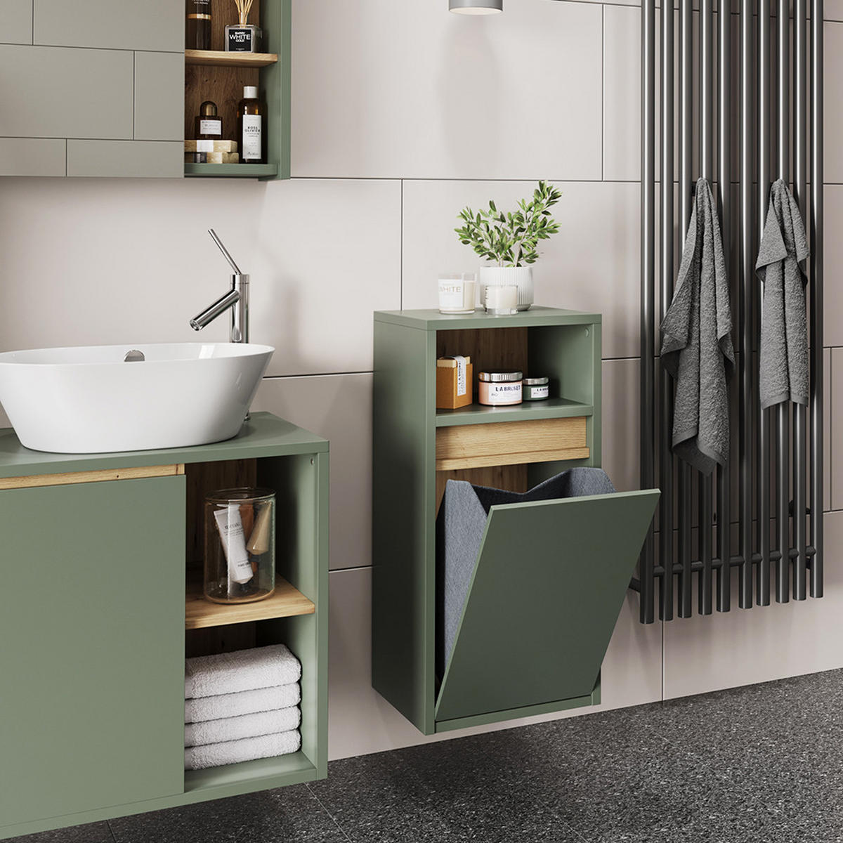 BADSCHRANK Viola Grün/Artisan 38 x 80 cm mit Wäschkorb - Eiche Artisan/Grün, Holzwerkstoff (38/80/33cm) - Vicco