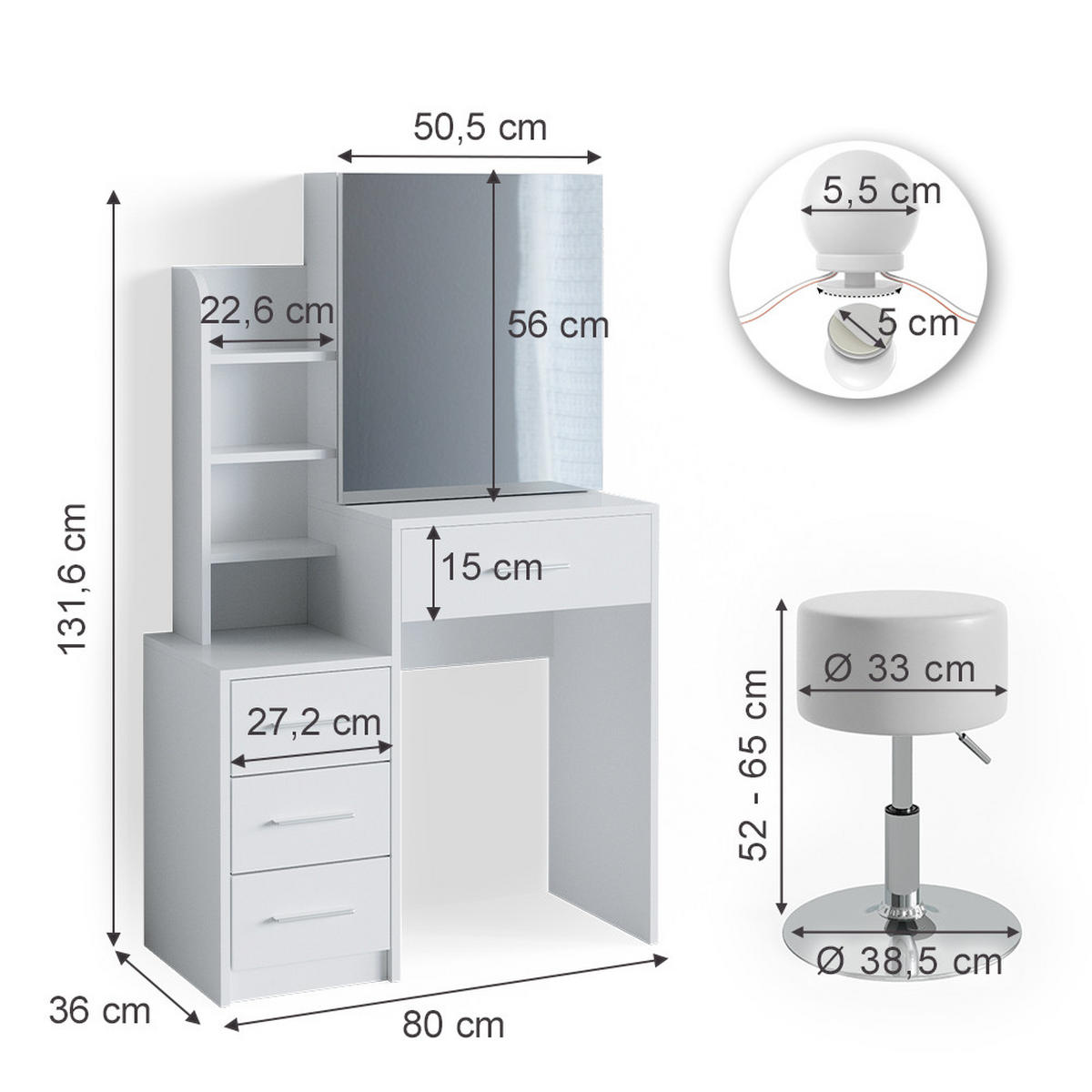 SCHMINKTISCH Conrada Weiß 80 cm mit LED Beleuchtung und Hocker - Weiß, Holzwerkstoff (36/131.6/80cm) - Vicco