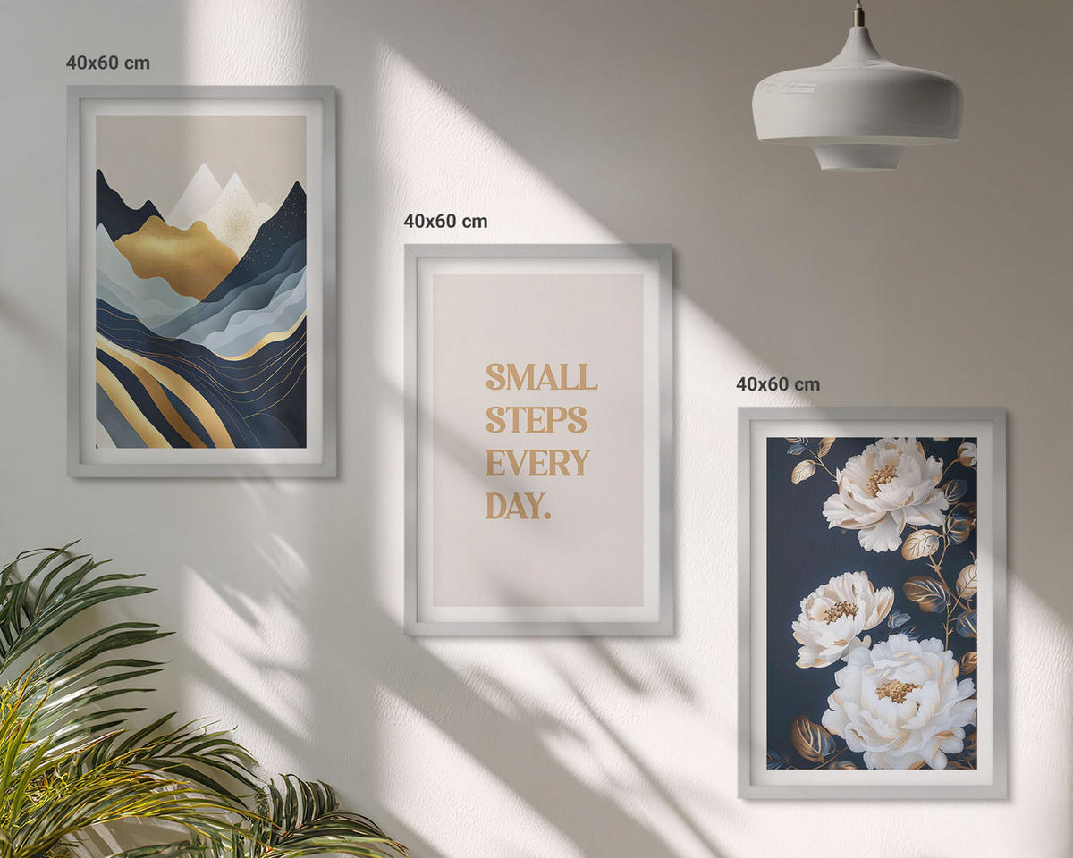 BILDER SET 3er Set - 40x60 cm Silberner Rahmen - Abstrakte Berge und Blumen Inspiration - Silberfarben, Kunststoff (40/60cm) - TULUP