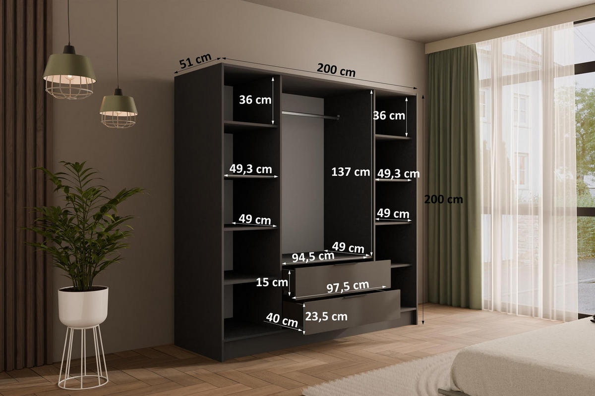 KLEIDERSCHRANK mit Spiegel und Flügeltüren KOLIN 200x200cm Graphit - Graphitfarben, Holzwerkstoff (200/200/51cm) - ALTDECOR