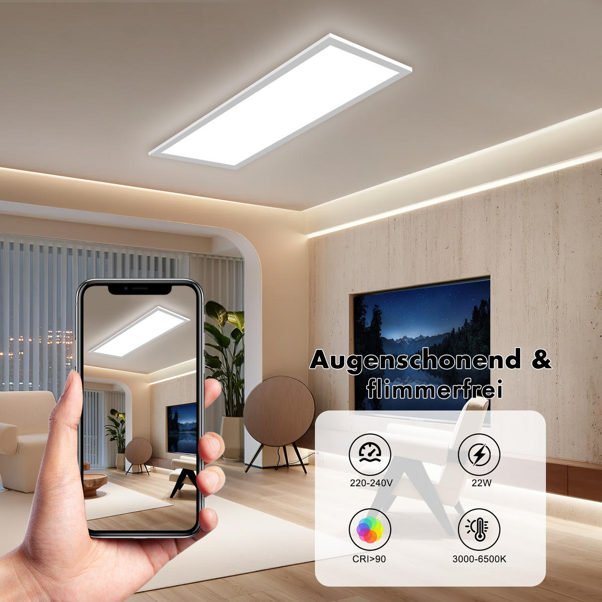 DECKENLEUCHTE PA1071EW 24W LED Dimmbar 3000K bis 6500K 58/20/3.9 CM - Weiß, Metall (58/20/3.9cm) - LOVHAUS