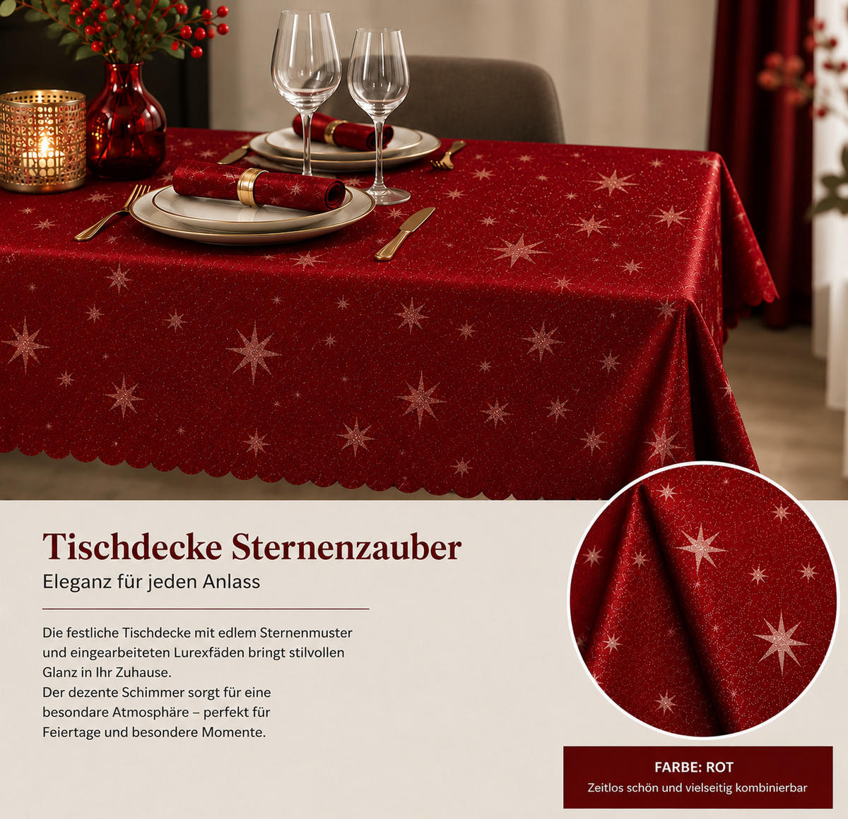 TISCHDECKE 130/160 eckig Lurex Sterne Rot - Rot, Textil (130/160cm) - TiborTex