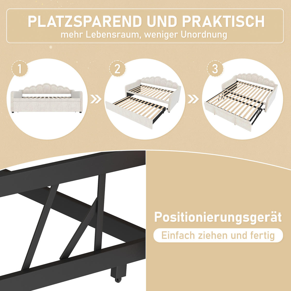 TAGEBETT 90x200cm + 180x200cm Beige Samt Ausziehbett LED-Streifen - Beige, Holz (180/200cm) - FLIEKS