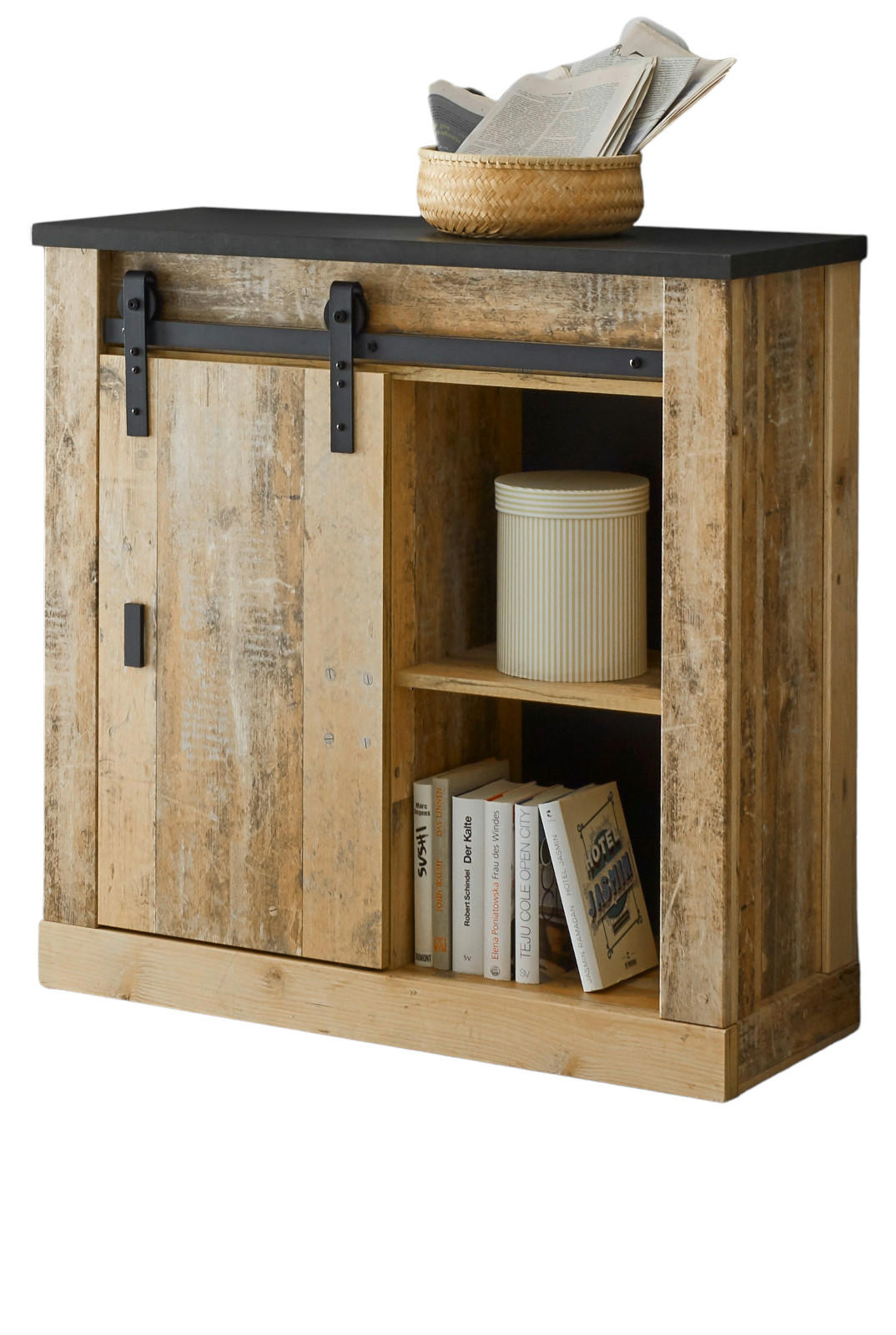 KOMMODE Used Wood hell 93 cm, Anrichte mit Schiebetür - Anthrazit/Schwarz, Holzwerkstoff/Metall (93/91/38cm) - Furn.Design