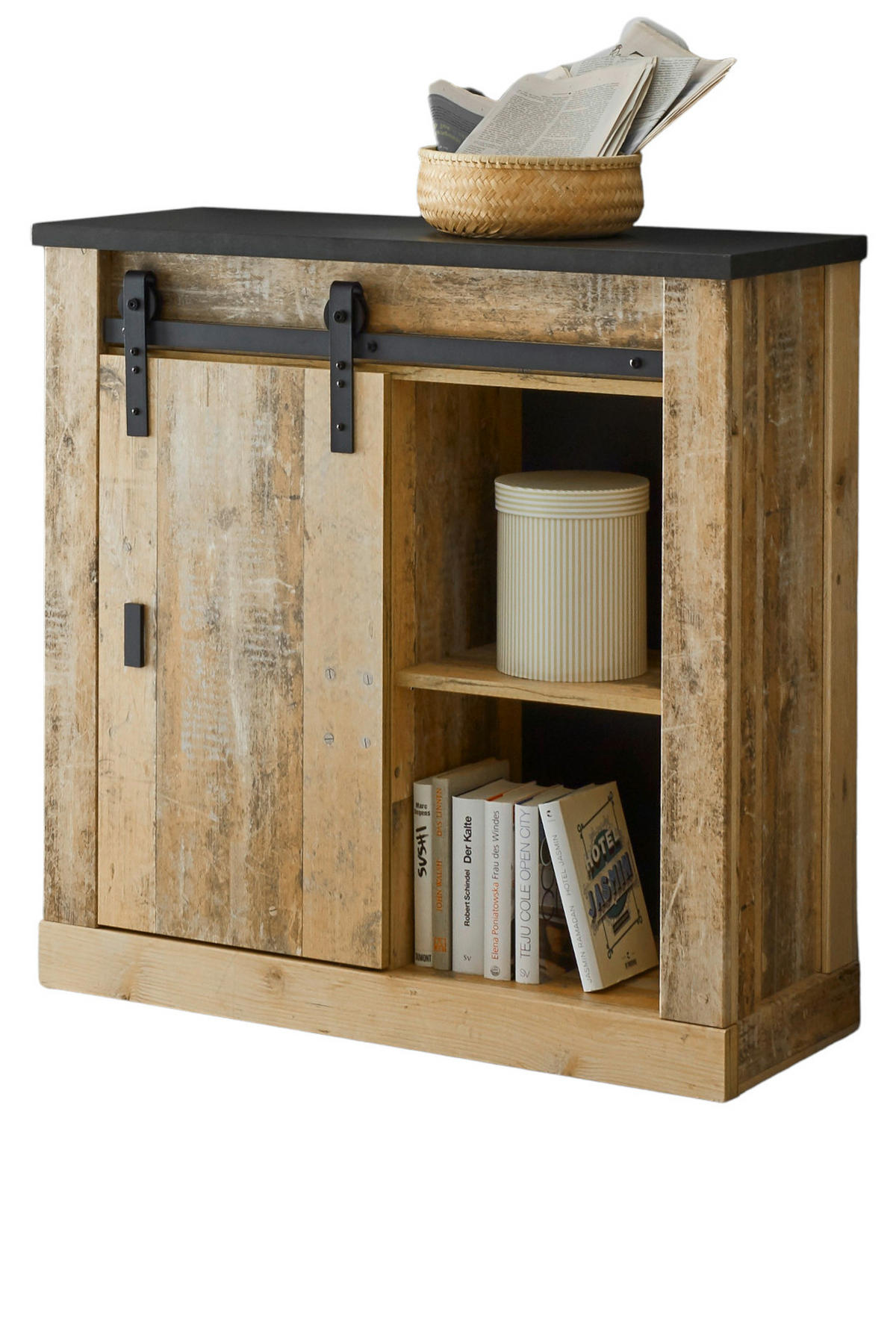 KOMMODE Used Wood hell 93 cm, Anrichte mit Schiebetür - Anthrazit/Schwarz, Holzwerkstoff/Metall (93/91/38cm) - Furn.Design