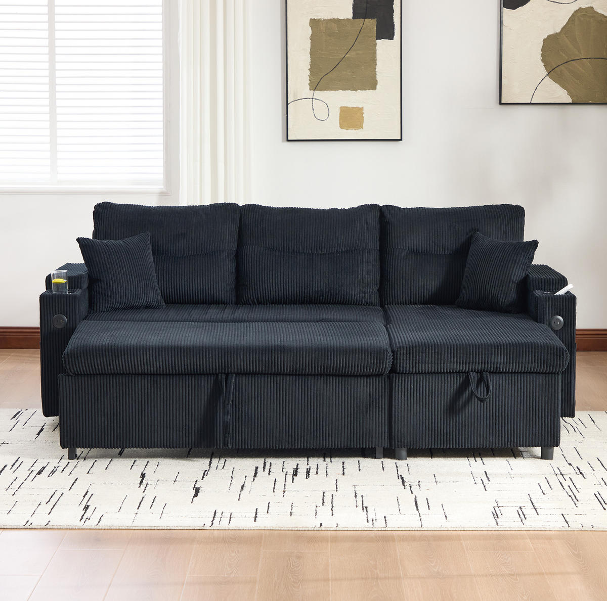 3-SITZER Eckschlafsofa Cord mit Stauraum und USB-Anschluss Schwarz 212,5/136/86 cm - Schwarz, Textil (136/212.5cm) - Redom