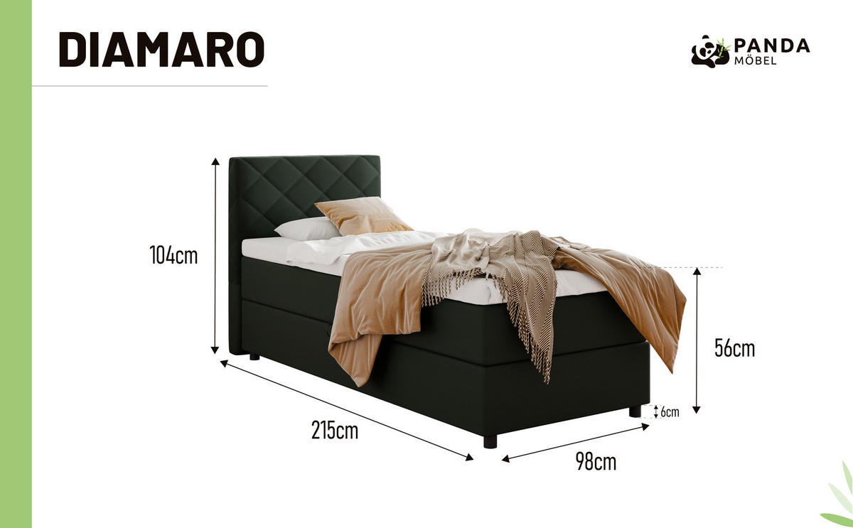 BOXBETT Diamaro 90x200 cm mit Bettkasten und Topper - Dunkelgrün - Grün, Holz (90/200cm) - Panda Möbel