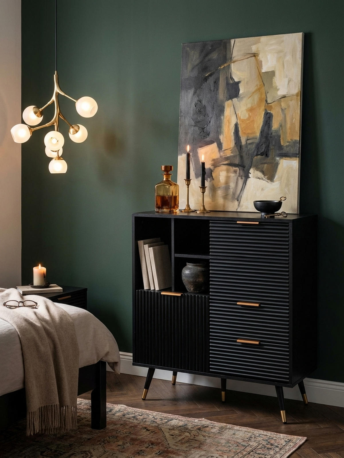 SIDEBOARD – Schwarz/Eiche-Dekor, 77x97x40 cm, mit Türen, Schubladen, Regal, Metallbeine - Goldfarben/Schwarz, Holzwerkstoff/Metall (77/97/40cm) - KADIMA DESIGN