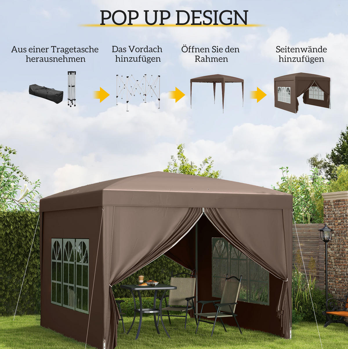PAVILLON 295/295/258 cm kaffeebraun aus Polyester mit 4 Wänden - Braun, Textil (295/258/295cm) - OKWISH