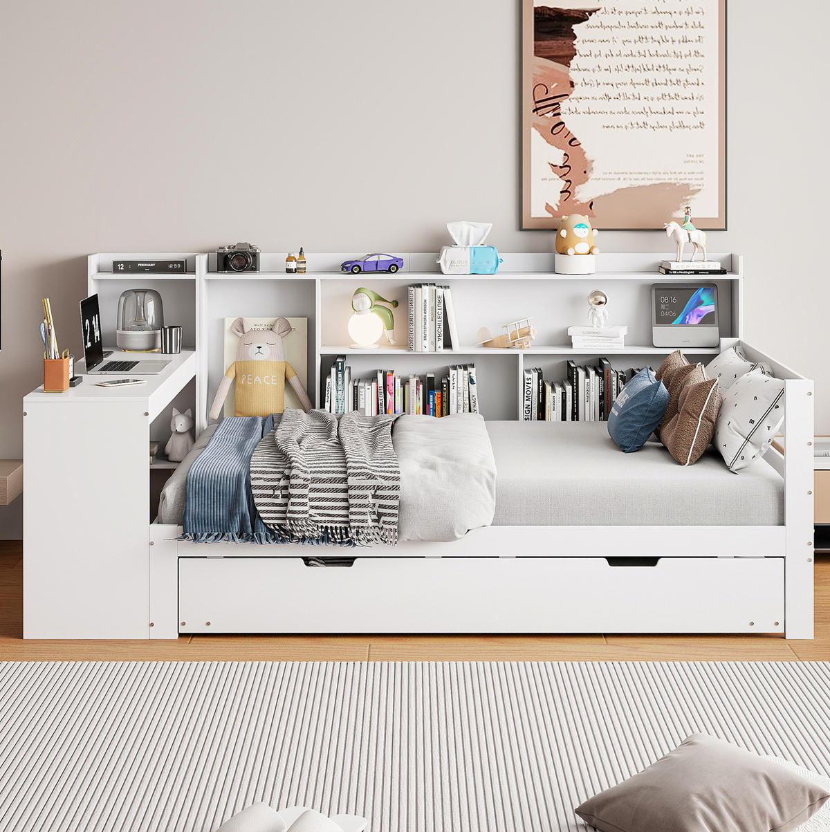 MULTIFUNKTIONSBETT 90/200 cm mit Ausziehbett, Schreibtisch, Regalen und Steckdose, Weiß - Weiß, Holzwerkstoff (90/200cm) - Redom