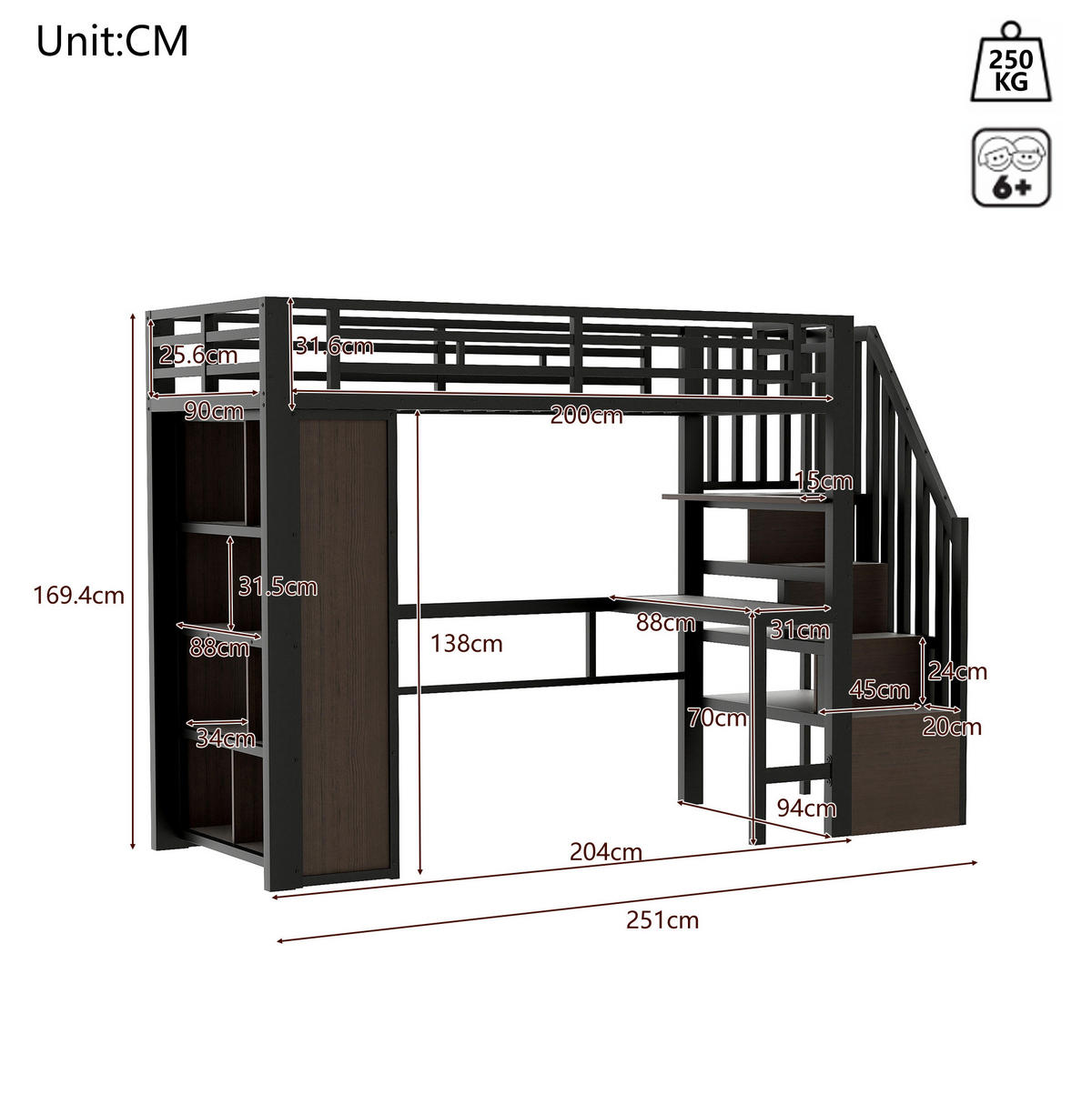 HOCHBETT 90/200 cm Schwarz aus Metall mit Schreibtisch und LED-Lichtleiste - Schwarz, Metall (90/200cm) - OKMYHOME