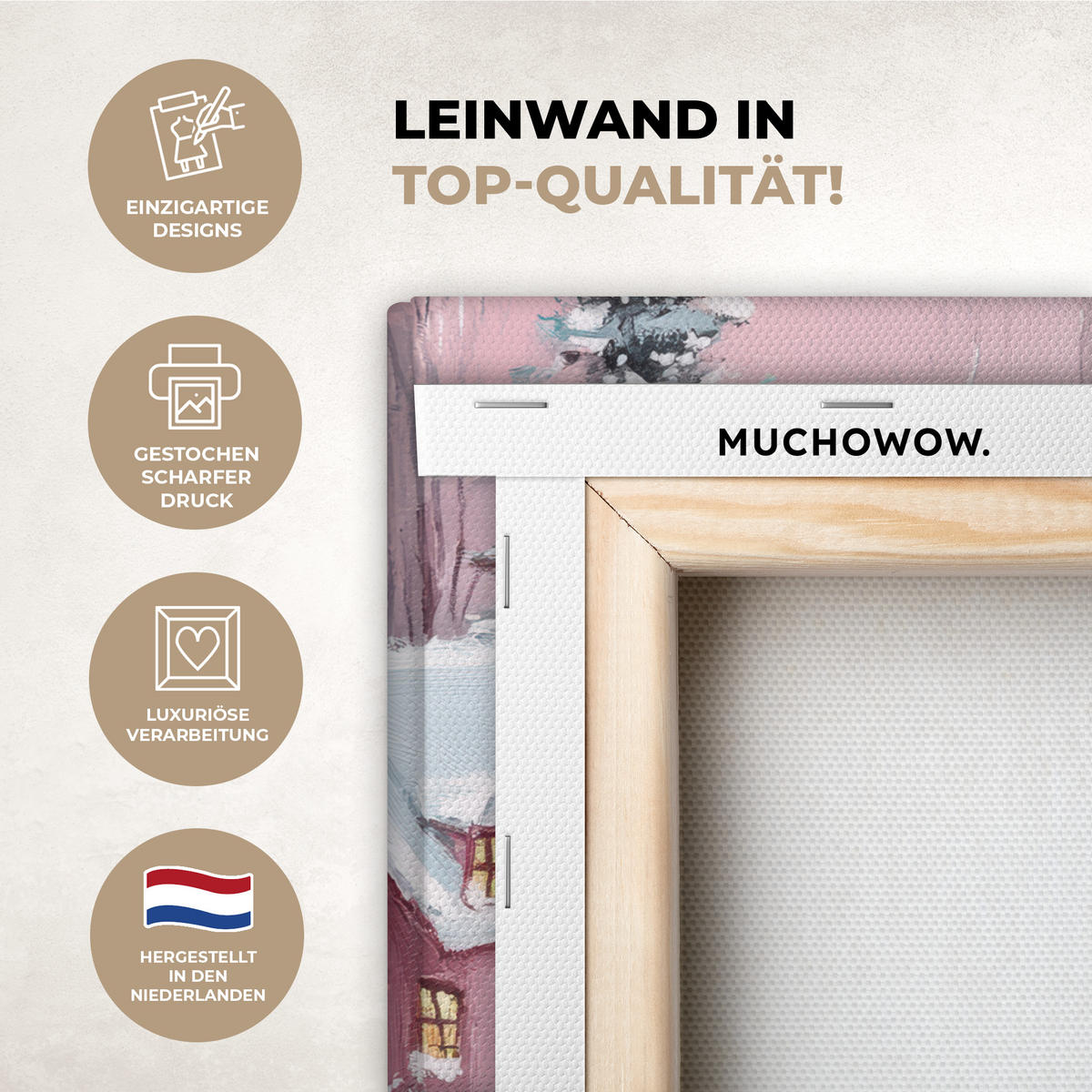 LEINWANDBILD Weihnachtsdorf - Rosa - Winter - Schnee - Häuser 30x20 cm - Altrosa, Textil (30/20cm) - MuchoWow