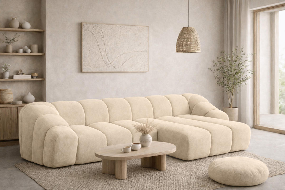 ECKSOFA Modulare L-Form, Veloursstoff Bluvel, Creme, Rechts, CROISSANT L - Creme, Holz (305/190cm) - Kaiser Möbel