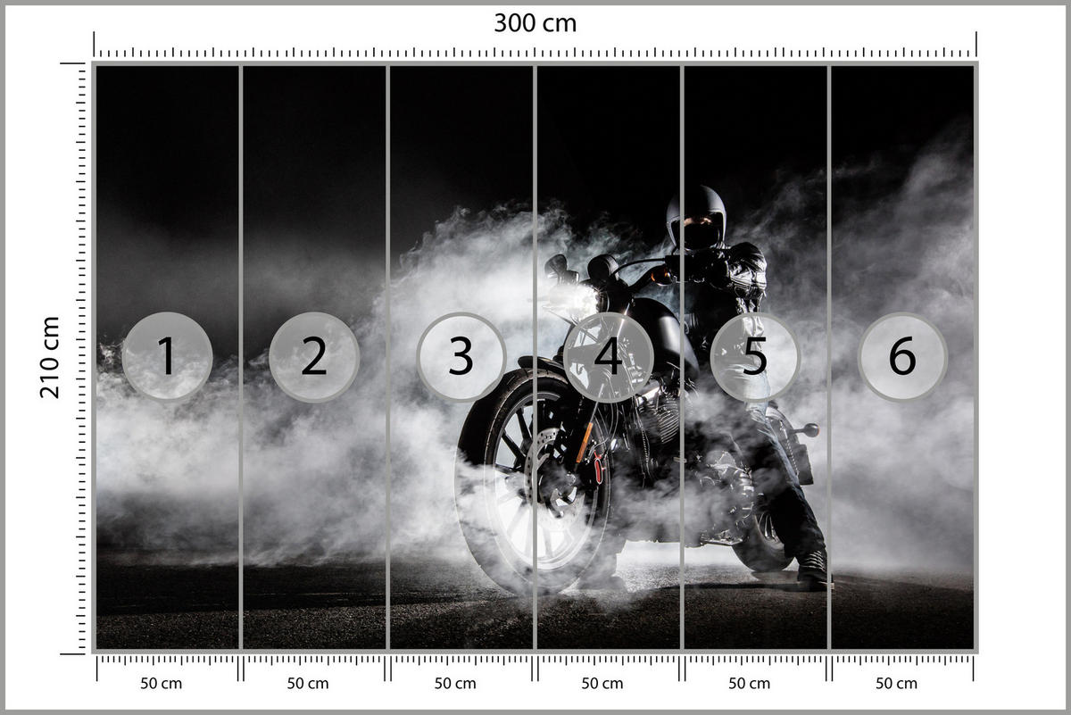 FOTOTAPETE für Jugendzimmer Motorrad Nebel Mann Straße Rauch Sport Action 300x210 - Schwarz/Weiß, Papier (300/210cm) - Muralo