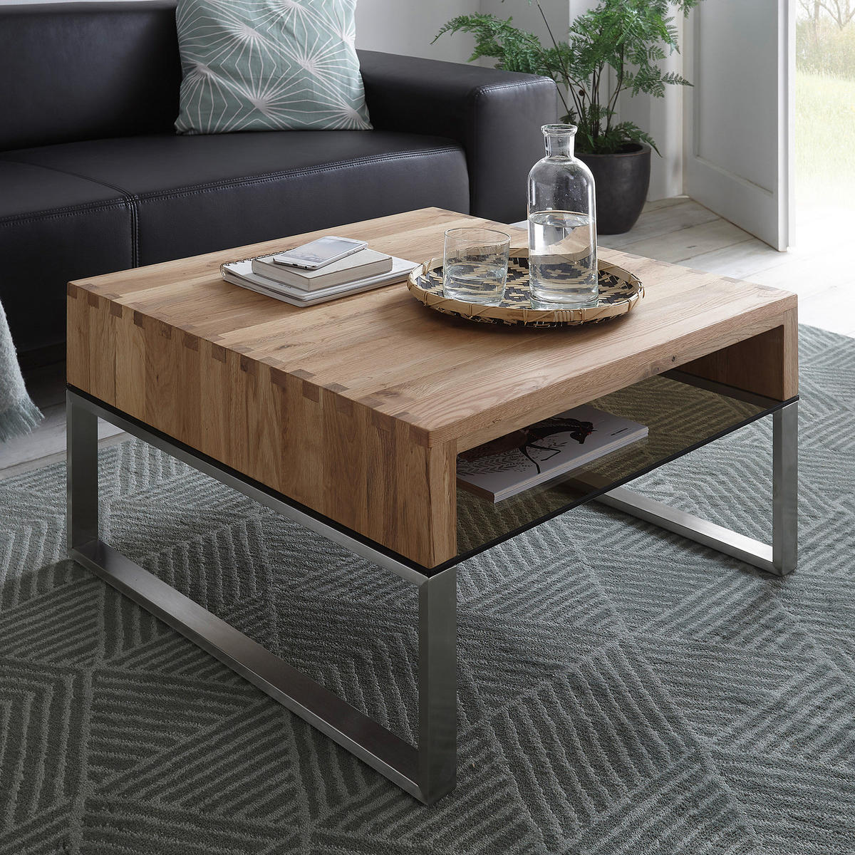 COUCHTISCH - Eiche massiv / Glas - Eiche / Silber - Braun, Holz/Metall (70/70/39cm) - home24