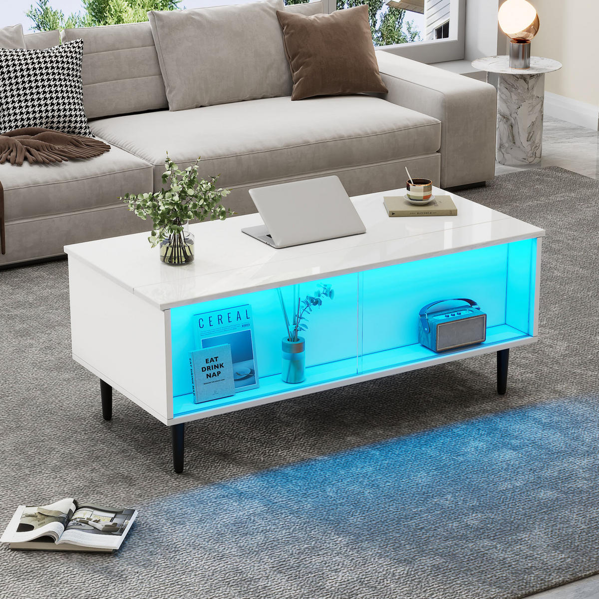 KLUB stolić 105/50/43 cm bijeli od iverice s podiznom pločom LED rasvjetom i skrivenim spremištem - bijela, drvni materijal (105/50/43cm) - OKWISH