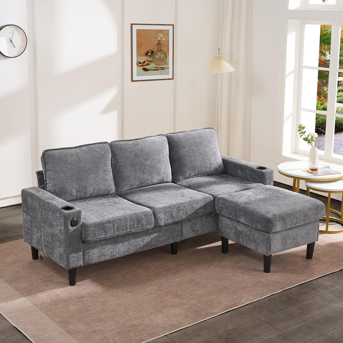 ECKSOFA mit USB Typ-C Getränkehalter Grau 202/137/80 cm - Grau, Textil (202/137cm) - EVRYAE