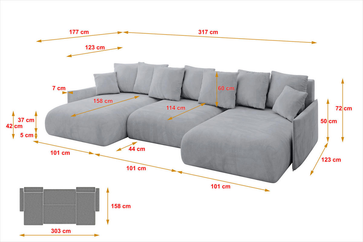 WOHNLANDSCHAFT mit Schlaffunktion und Bettkasten ONESK-U-v1 317x177x72 Hellgrau Velours - Titanfarben, Holzwerkstoff/Kunststoff (317/72/177cm) - ALTDECOR