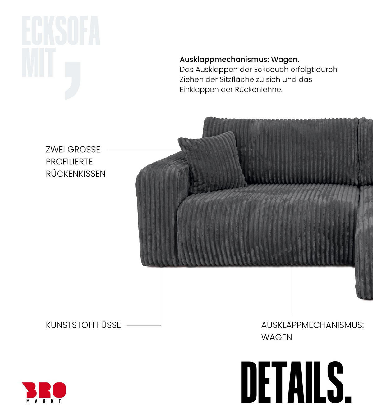 ECKSOFA mit Schlaffunktion TILIO Dunkelgrau - Dunkelgrau, Textil (244/148cm) - Bromarkt