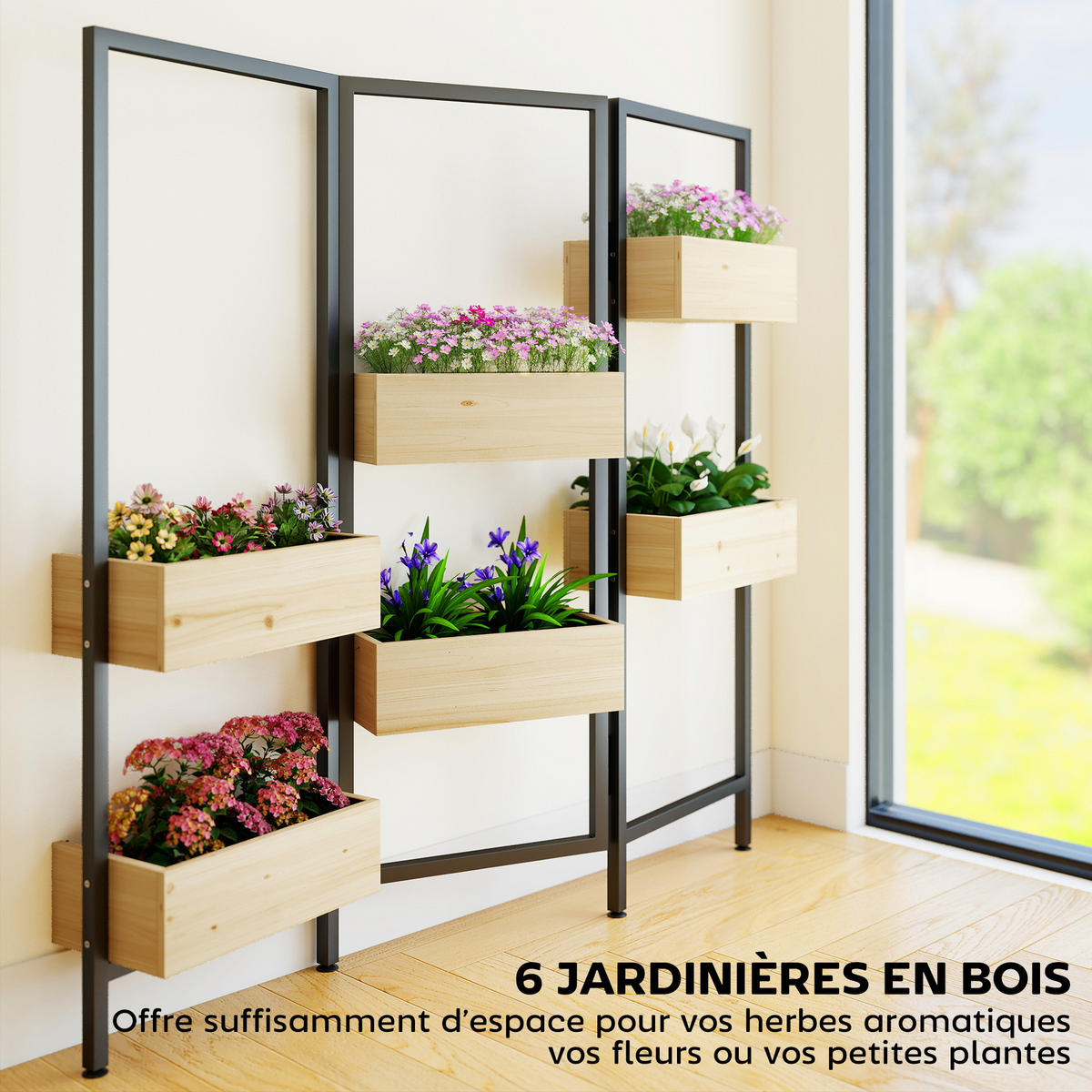 HOCHBEET DE-12296 mit 6 Pflanzenkübeln klappbar, 3-teilig Natur - Naturfarben, Holz (116/112/20cm) - ComfortXL