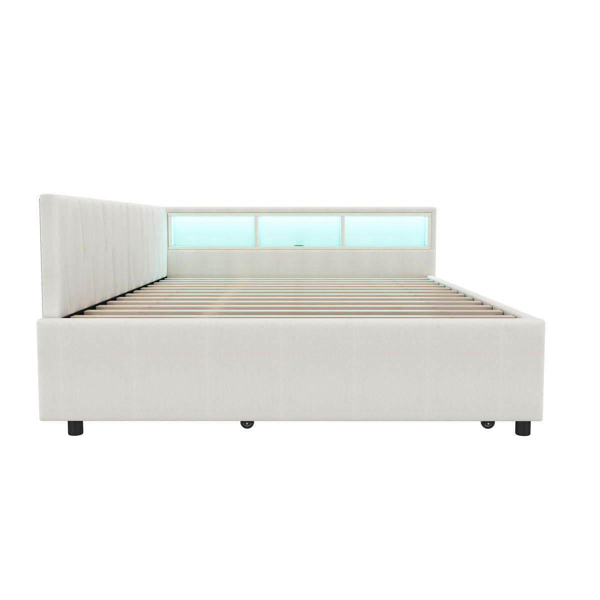 BETT mit Ablagefach und USB-Anschlüssen mit LED-Beleuchtung Leinen Beige 140/200 cm - Beige, Textil (140/200cm) - OKWISH