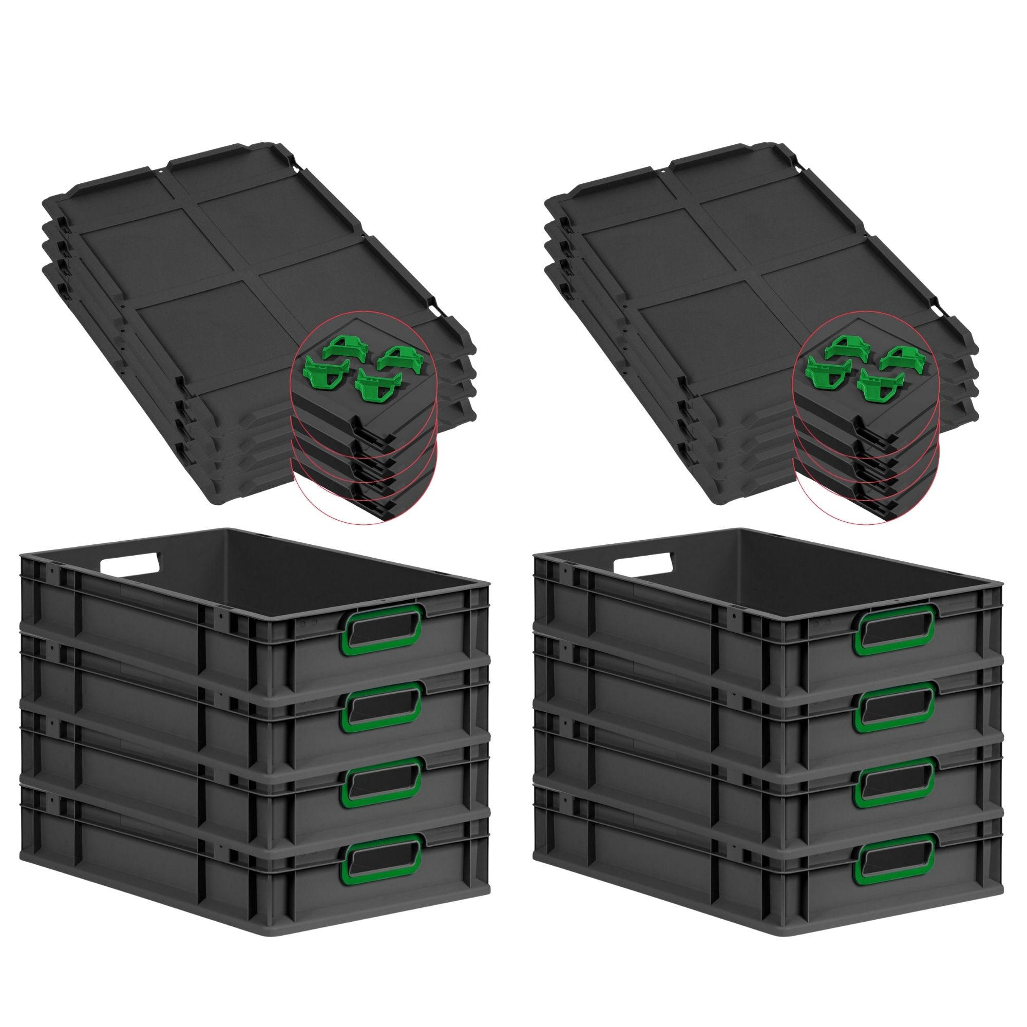 EUROBOX 8x NextGen Color mit Auflagedeckel 12x40x60 cm 23 Liter Schwarz Griffe grün offen - Schwarz/Grün, Kunststoff (40/12/60cm) - PROREGAL