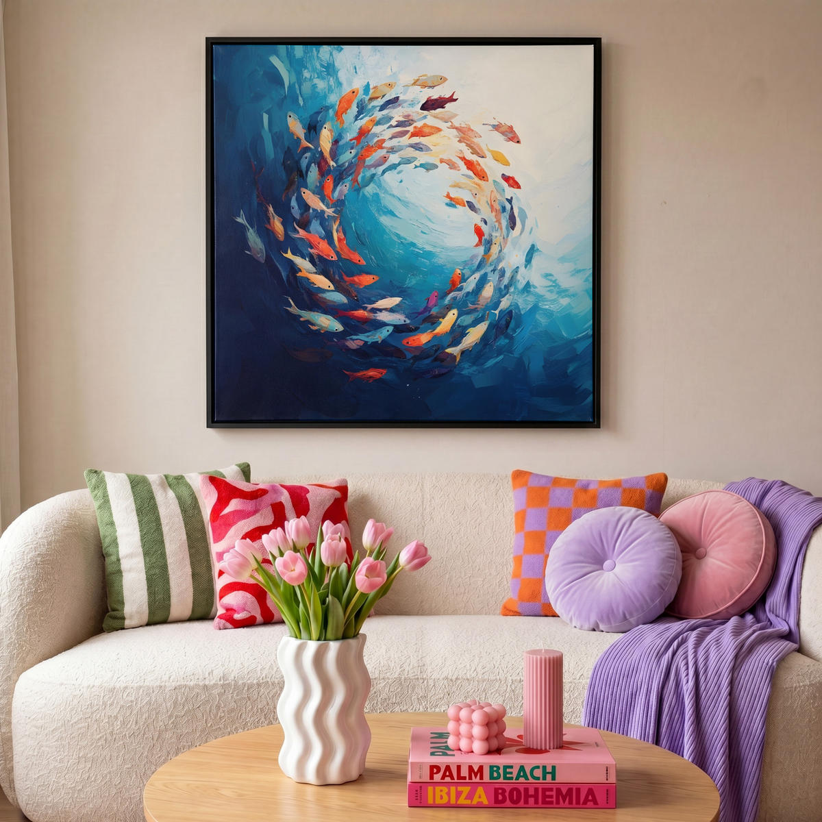 LEINWAND Bilder mit Rahmen - Meer - Fische - Bunt - Dynamisch - 90x90 - Hellblau, Textil (90/90cm) - MuchoWow
