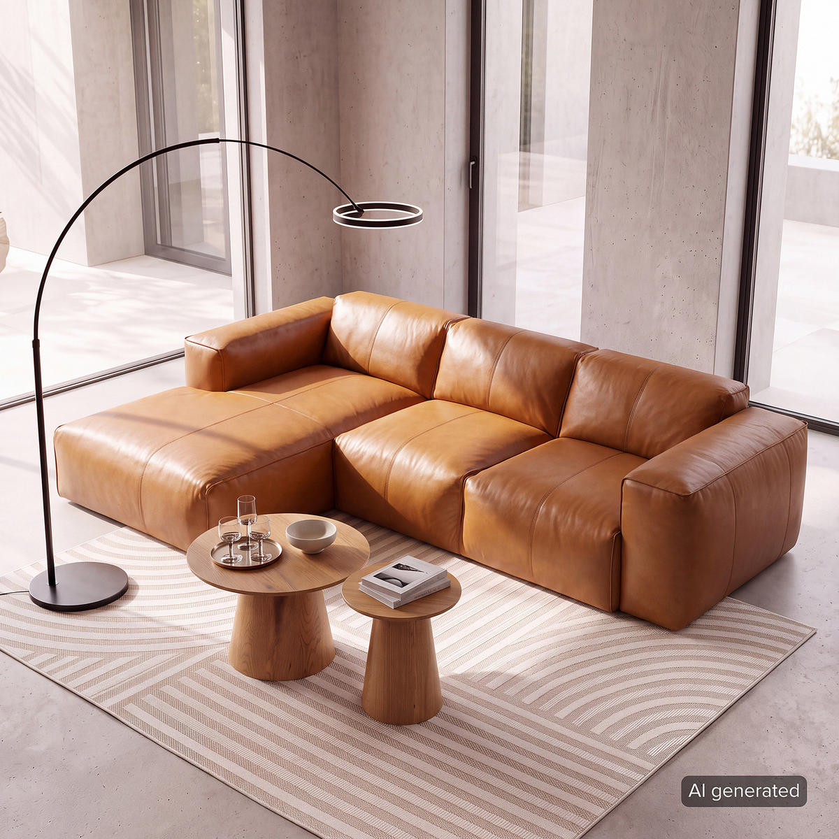 3-SITZER ECKSOFA mit Longchair - Cognac/Schwarz, Leder/Kunststoff (251/173cm) - home24