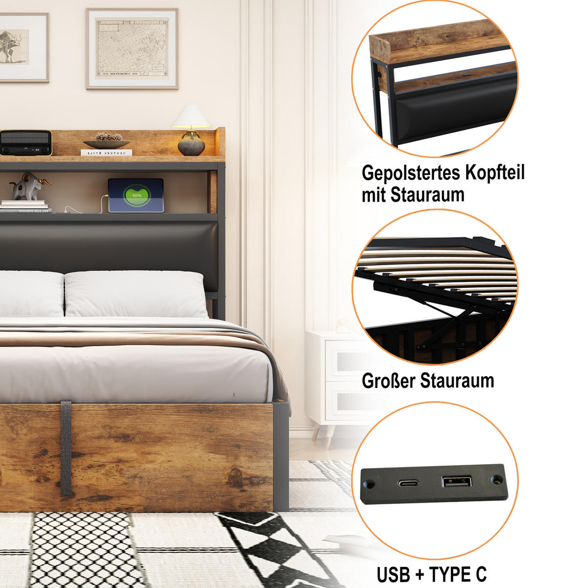 TAPECIRANI krevet 180/200 cm s USB priključcima i hidrauličnim spremištem, Crna - crna, metal (180/200cm) - Redom