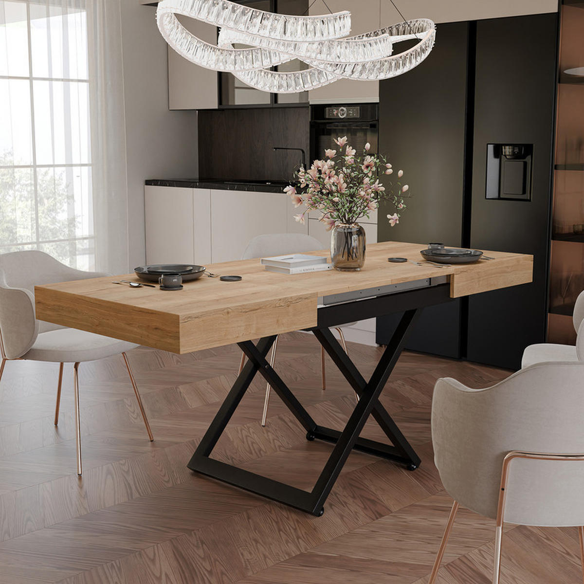 COUCHTISCH SANELLE ausziehbar mit Liftfunktion, 120/80/76 cm Schwarz / Halifax-Eiche - Eichefarben/Schwarz, Holzwerkstoff/Metall (120/80/27cm) - Idohome