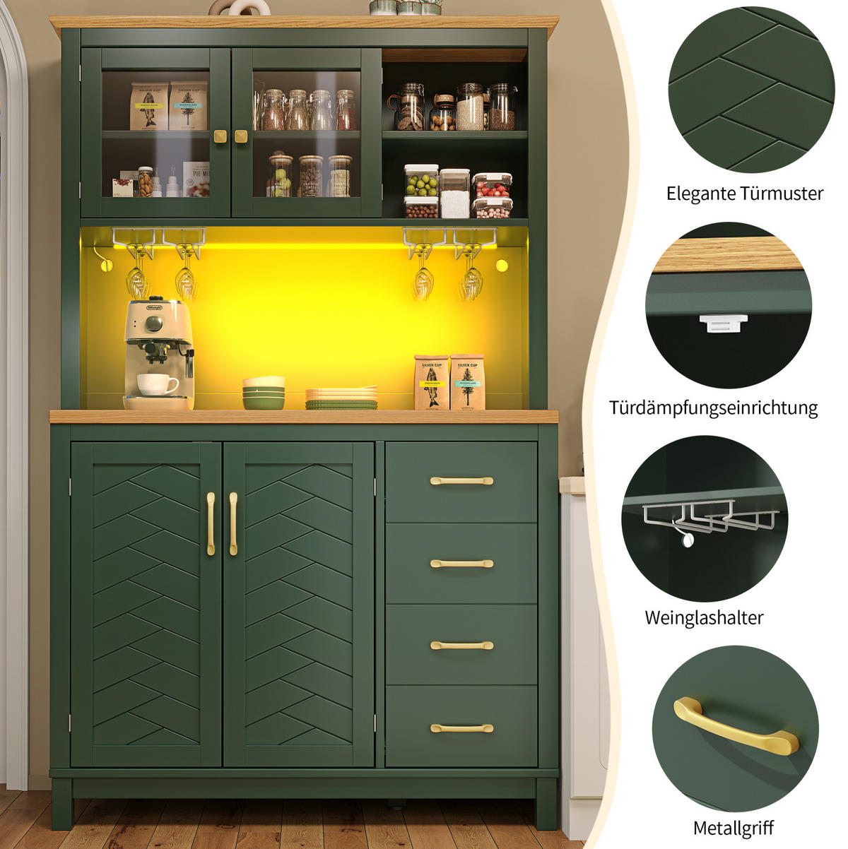 BUFFETSCHRANK mit LED-Lichtleiste 105,5x40x180 cm MDF Grün - Grün, Holzwerkstoff (40/180/105.5cm) - Meubliv
