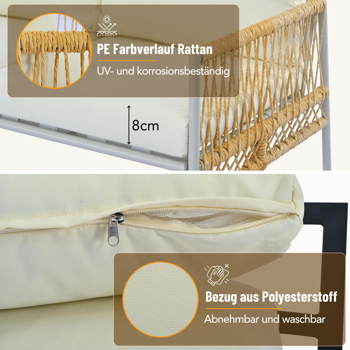 GARTENSET 7-Sitzer Beige PE-Rattan Mit Waschbaren Kissen - Beige, Metall - FLIEKS