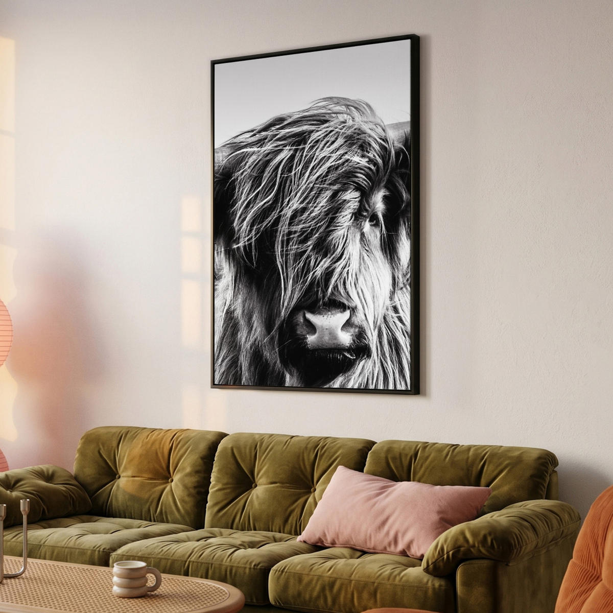 LEINWAND Bilder mit Rahmen - Kuh - Schottischer Hochländer - Schwarz - Weiß - Tier - Natur - Wildtiere - 100x150 - Schwarz, Textil (100/150cm) - MuchoWow